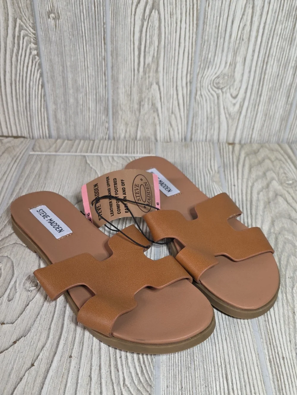 Steve Madden Roceen Leather Slide Sandals Tan Womens Size 6 NEW